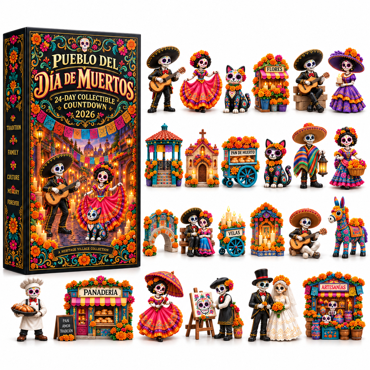 💀Pueblo del Día de Muertos 2026 – 24-Day Day of the Dead Collectible Countdown Calendar with 24 Unique Miniatures