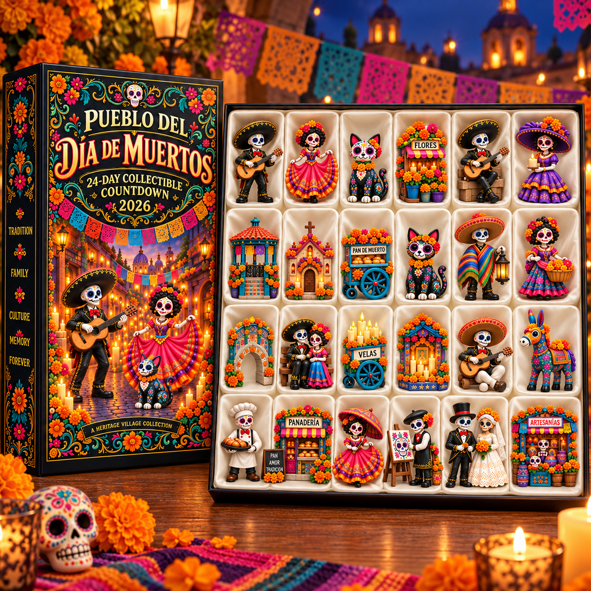 💀Pueblo del Día de Muertos 2026 – 24-Day Day of the Dead Collectible Countdown Calendar with 24 Unique Miniatures