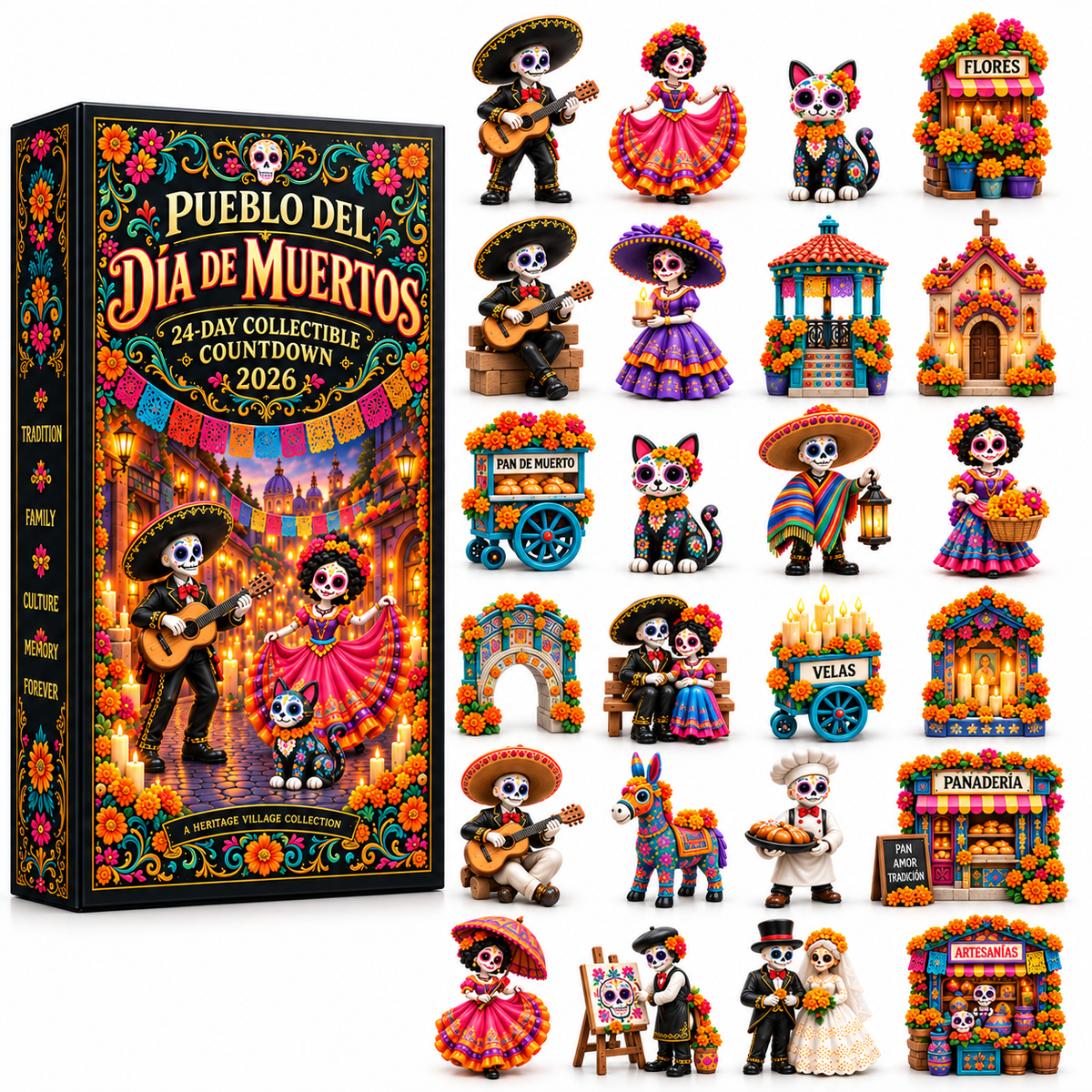 💀Pueblo del Día de Muertos 2026 – 24-Day Day of the Dead Collectible Countdown Calendar with 24 Unique Miniatures