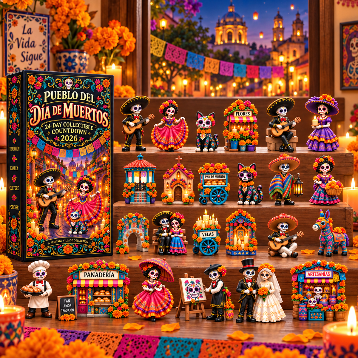 💀Pueblo del Día de Muertos 2026 – 24-Day Day of the Dead Collectible Countdown Calendar with 24 Unique Miniatures